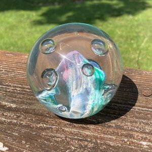 1991 Vintage Stephen Fellerman Studio Signed Green Pink Art Glass Paperweight